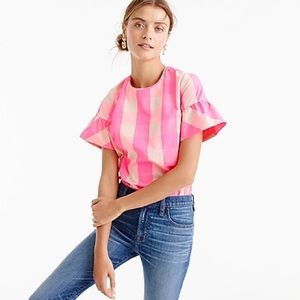 J. Crew ruffle sleeve top in neon buffalo check